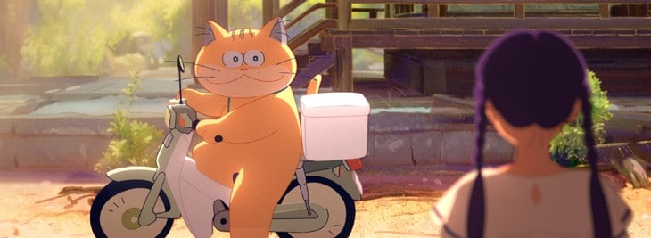 Fotograma de Anzu, gato fantasma: un gato naranja en ciclomotor junto a una niña