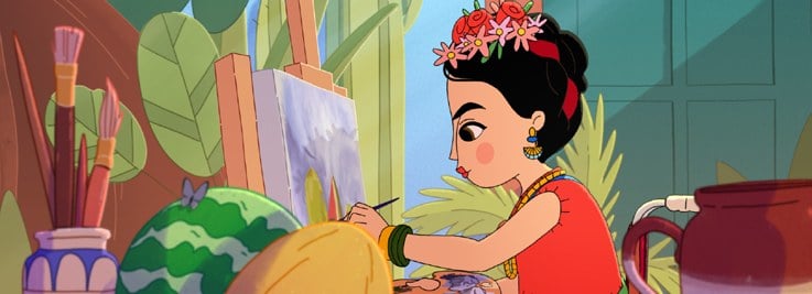 Fotograma de ¡Hola, Frida!: Frida Kahlo niña pintando entre plantas
